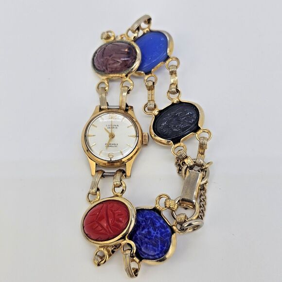 VTG Lusina Geneve 20MM Wind Up Women's Watch 21 Jewels Scarab Band 7" WORKING - Picture 8 of 13